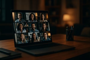 The online meeting screen displays a grid of participants each occupying a distinct rectangular box with their faces illuminated by soft lighting The sleek laptop featuring a modern design with a slim profile and a vibrant display sits on a polished-1