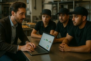 a male software consultant sitting oneonone with a few catering company employees teaching them a new software to help their production-2